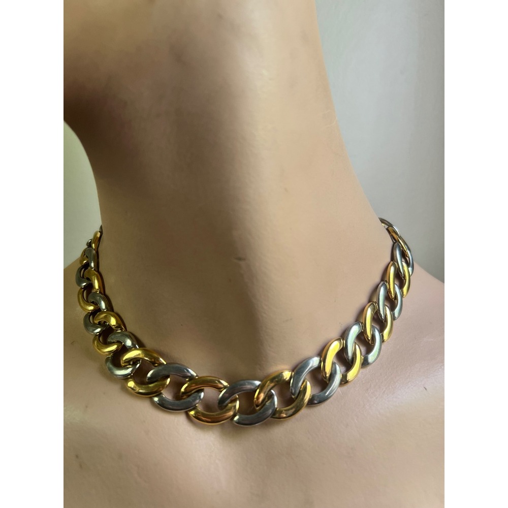 Vintage Two Tone Chunky Curb Chain Necklace OS Gold